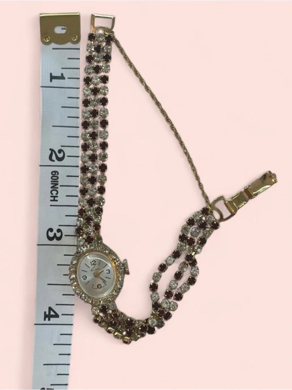 Vintage Eastman Quartz Rhinestone Cocktail Watch Gold Tone Ruby Red